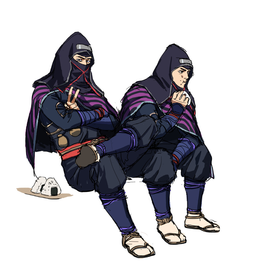 2boys, :t, absurdres, closed_mouth, crossed_arms, crossed_legs, eating, food