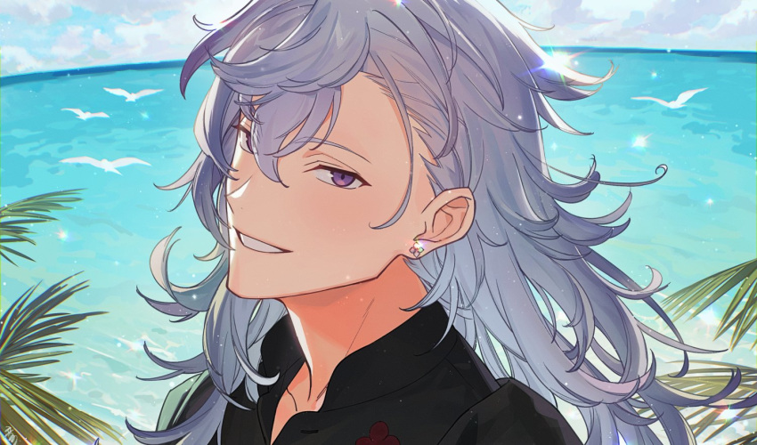 1boy, :d, ahoge, bangs, bird, black_shirt, blush, collared_shirt