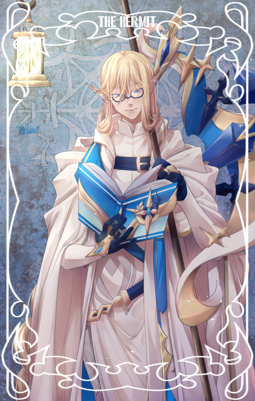 1boy, belt, black-framed_eyewear, blonde_hair, blue_belt, blue_eyes, blue_gloves, book