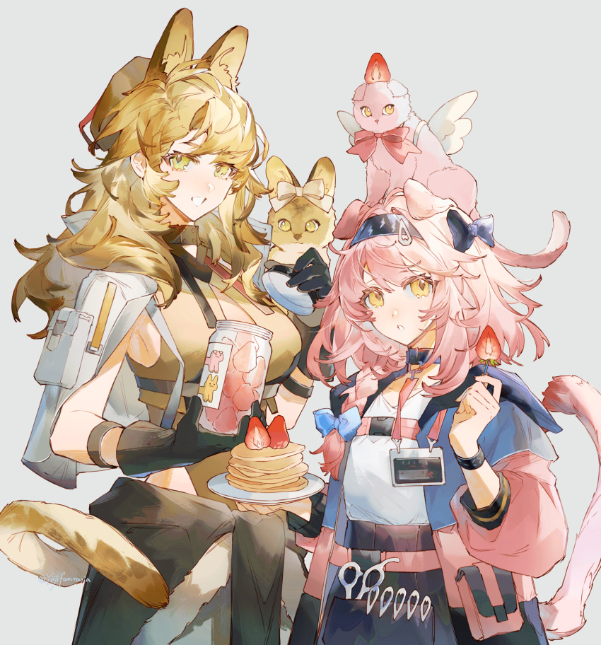 2girls, animal_ear_fluff, animal_ears, animal_on_head, arknights, armpits, belt, black_bow, black_gloves, black_headband, black_jacket, black_skirt, blue_jacket, bow, braid, breasts, brown_leotard, cat, cat_ears, cat_girl, cat_on_head, cat_tail, cleavage_cutout, clothes_around_waist, clothing_cutout, coat, collar, cowboy_shot, food, fruit, gloves, goldenglow_(arknights), grey_background, hair_bow, headband, high-waist_skirt, highres, holding, holding_plate, id_card, infection_monitor_(arknights), jacket, jacket_around_waist, jar, large_breasts, leotard, lightning_bolt_print, looking_at_viewer, medium_hair, multicolored_clothes, multicolored_jacket, multiple_girls, on_head, open_clothes, open_coat, open_mouth, opening_can, pancake, pancake_stack, parted_lips, pink_cat, pink_hair, pink_jacket, plate, quercus_(arknights), scottish_fold, serval, shirt, short_hair, side_braid, side_slit, simple_background, skirt, smile, strawberry, tail, two-tone_jacket, white_shirt, yellow_eyes, yuji_(fantasia)