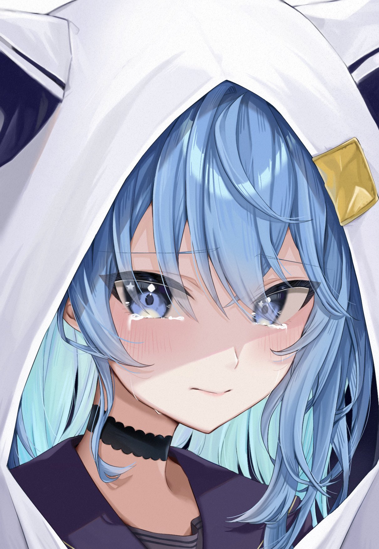 1girl, animal_hood, blue_eyes, blue_hair, choker, closed_mouth, highres, hololive