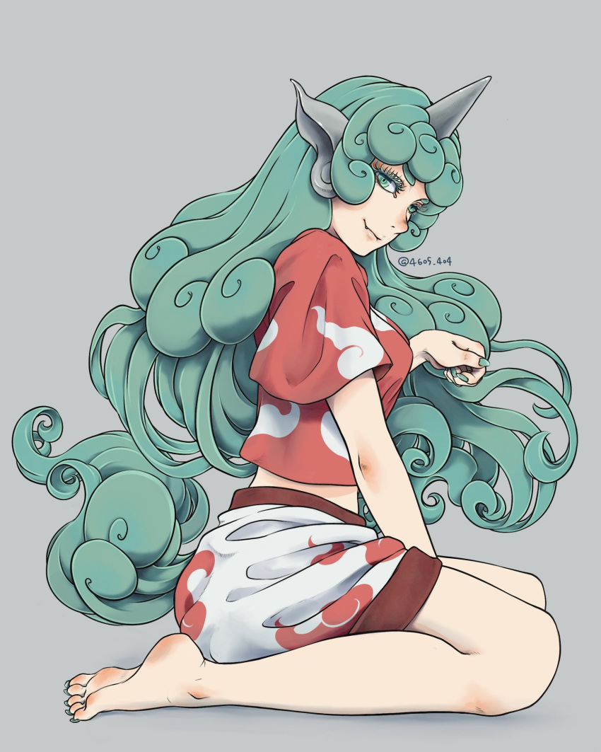 1girl, aqua_hair, barefoot, breasts, closed_mouth, cloud_print, commentary_request, curly_hair, eyelashes, fingernails, green_eyes, green_hair, green_nails, green_tail, grey_background, head_tilt, highres, horns, kariyushi_shirt, kneeling, komano_aunn, long_hair, medium_breasts, midriff, nail_polish, paw_pose, red_shirt, shiratama_(irodoli), shirt, shorts, signature, simple_background, single_horn, smile, soles, solo, toenails, toes, touhou, very_long_hair, white_shorts