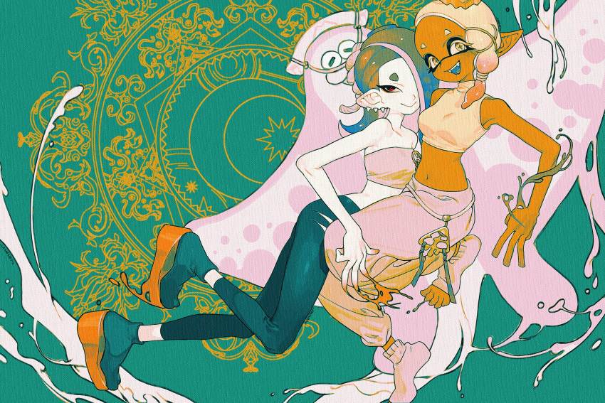 1boy, 1girl, 1other, :d, aqua_pants, aqua_socks, bare_shoulders, big_man_(splatoon)