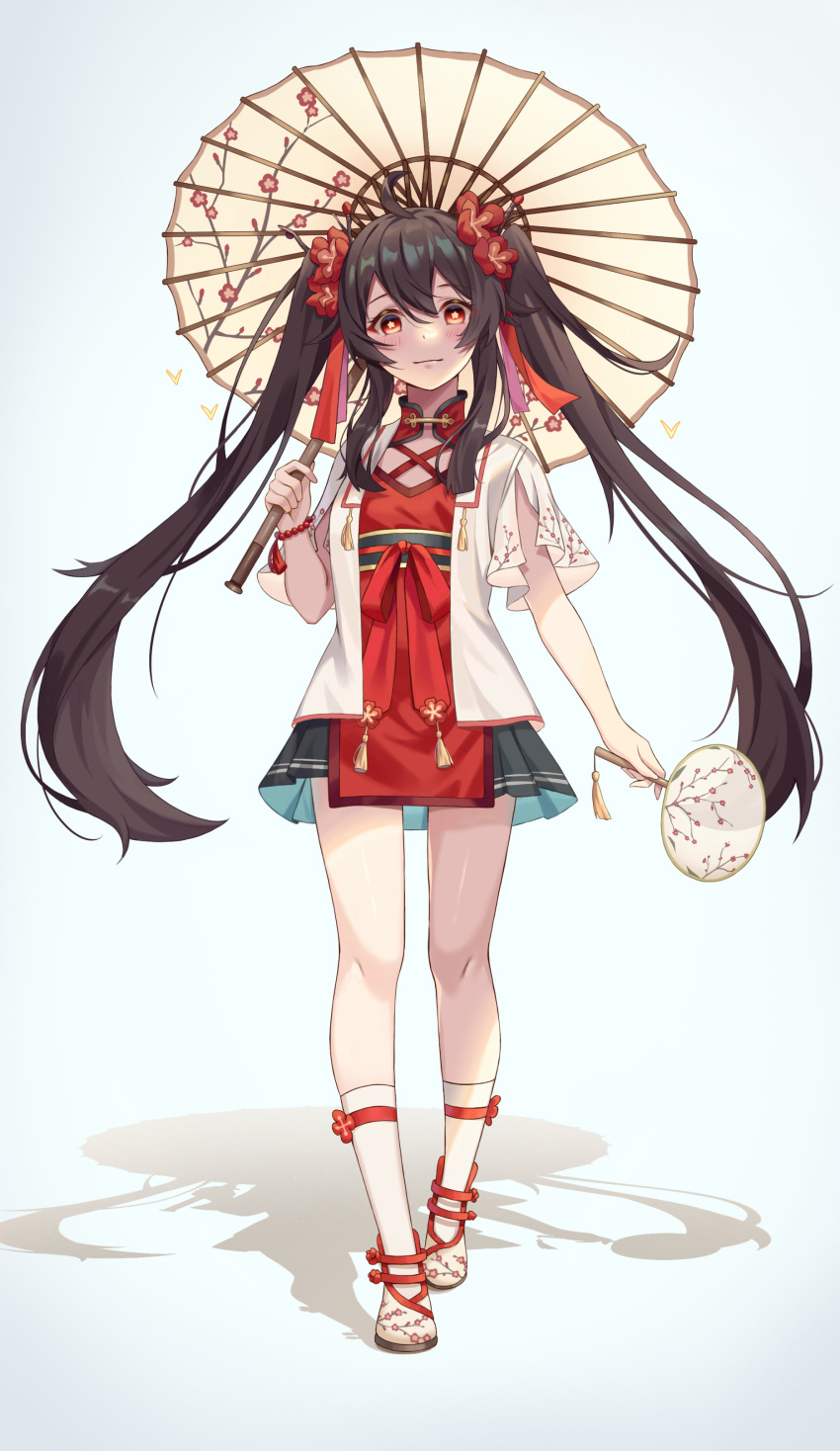 1girl, absurdres, alternate_costume, bangs, bead_bracelet, beads, black_skirt, blush