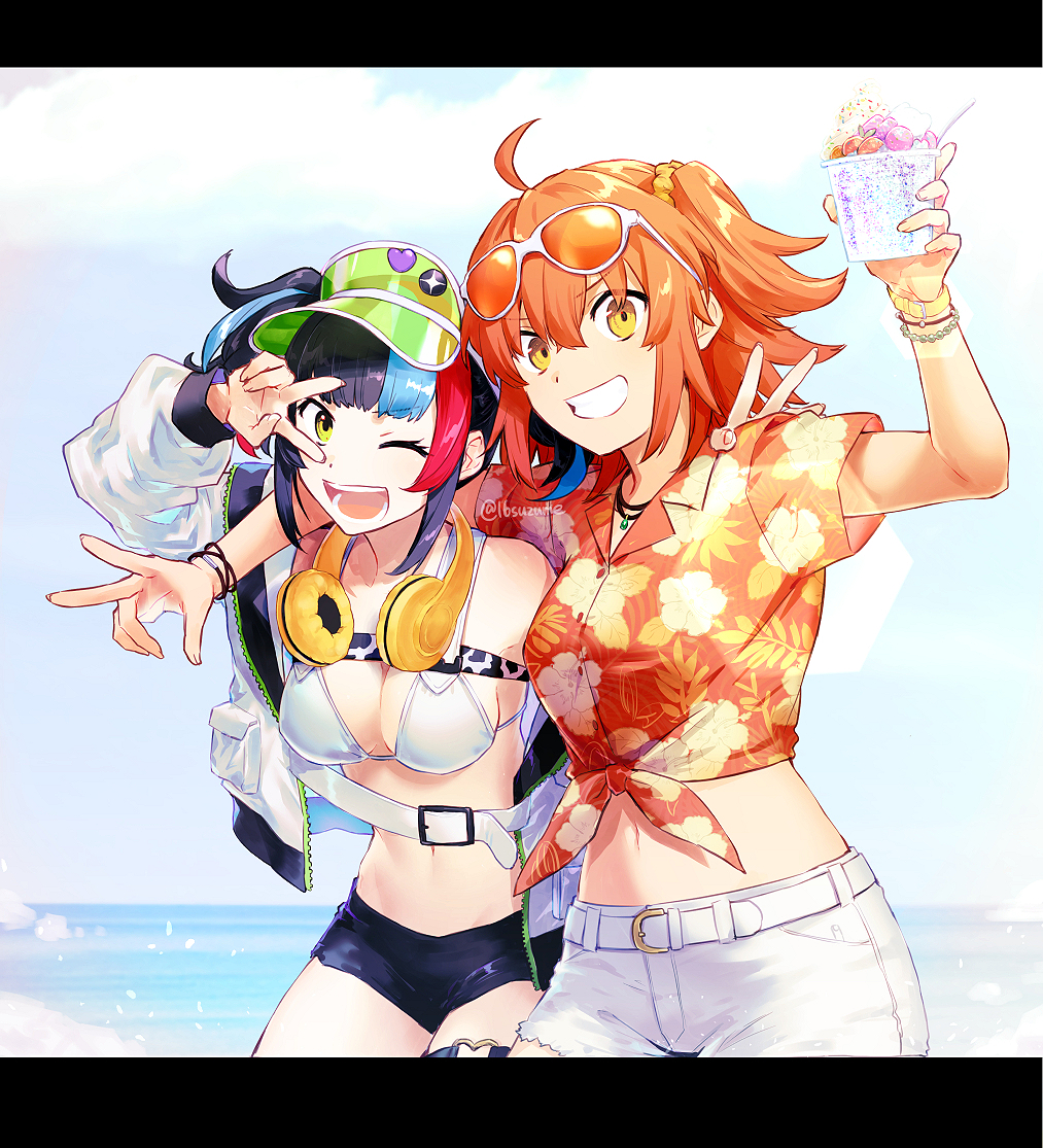 2girls, ahoge, arm_around_shoulder, bracelet, breasts, eyewear_on_head, fate/grand_order, fate_(series)