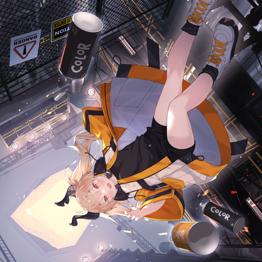 1girl, absurdres, bangs, blonde_hair, blush, factory, highres, hoji_(hooooooooji1029)
