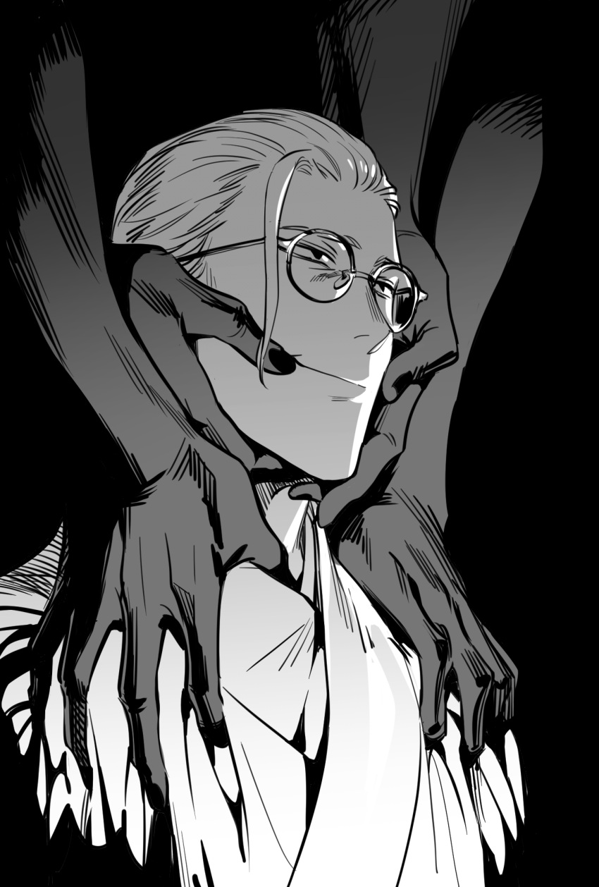 2boys, chinese_commentary, closed_mouth, commentary_request, dual_persona, extra_arms, forced_smile, glasses, greyscale, hands_on_another's_face, hands_on_another's_shoulders, highres, kanngetsuan, karikiri_masahito, male_focus, monochrome, multiple_boys, multiple_sources, round_eyewear, shide_(summertime_render), short_hair, smile, spoilers, summertime_render, upper_body