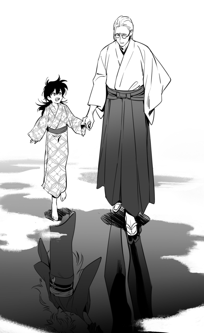 1boy, 1girl, barefoot, child, chinese_commentary, closed_eyes, closed_mouth, commentary_request