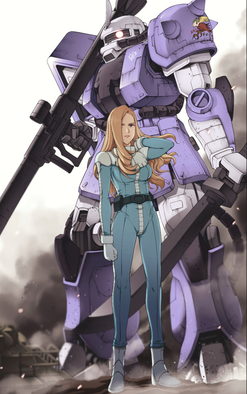 1girl, after_battle, bazooka_(gundam), belt, blonde_hair, boots, breasts, emblem, full_body, glowing, glowing_eye, gundam, gundam_battle_operation, gundam_battle_operation_code_fairy, headwear_removed, helmet, helmet_removed, highres, killy_garrett, medium_breasts, mobile_suit_gundam, one_eye_covered, pilot_suit, smoke, sword, takagi_shuei, weapon, zaku_ii, zaku_ii_f/j