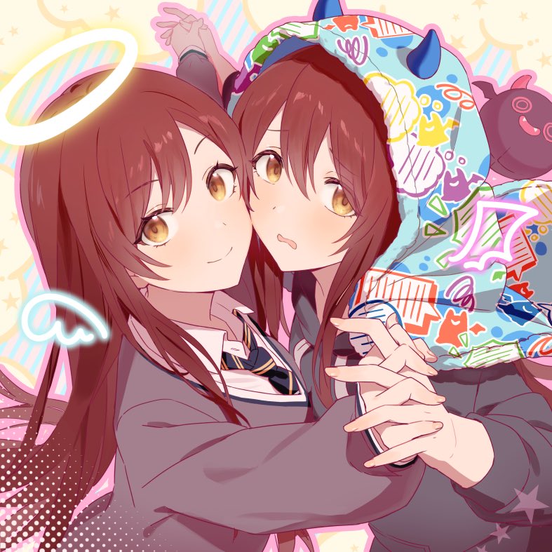 2girls, angel_wings, bangs, blanket, blush, bxksb6384, cardigan, cheek-to-cheek
