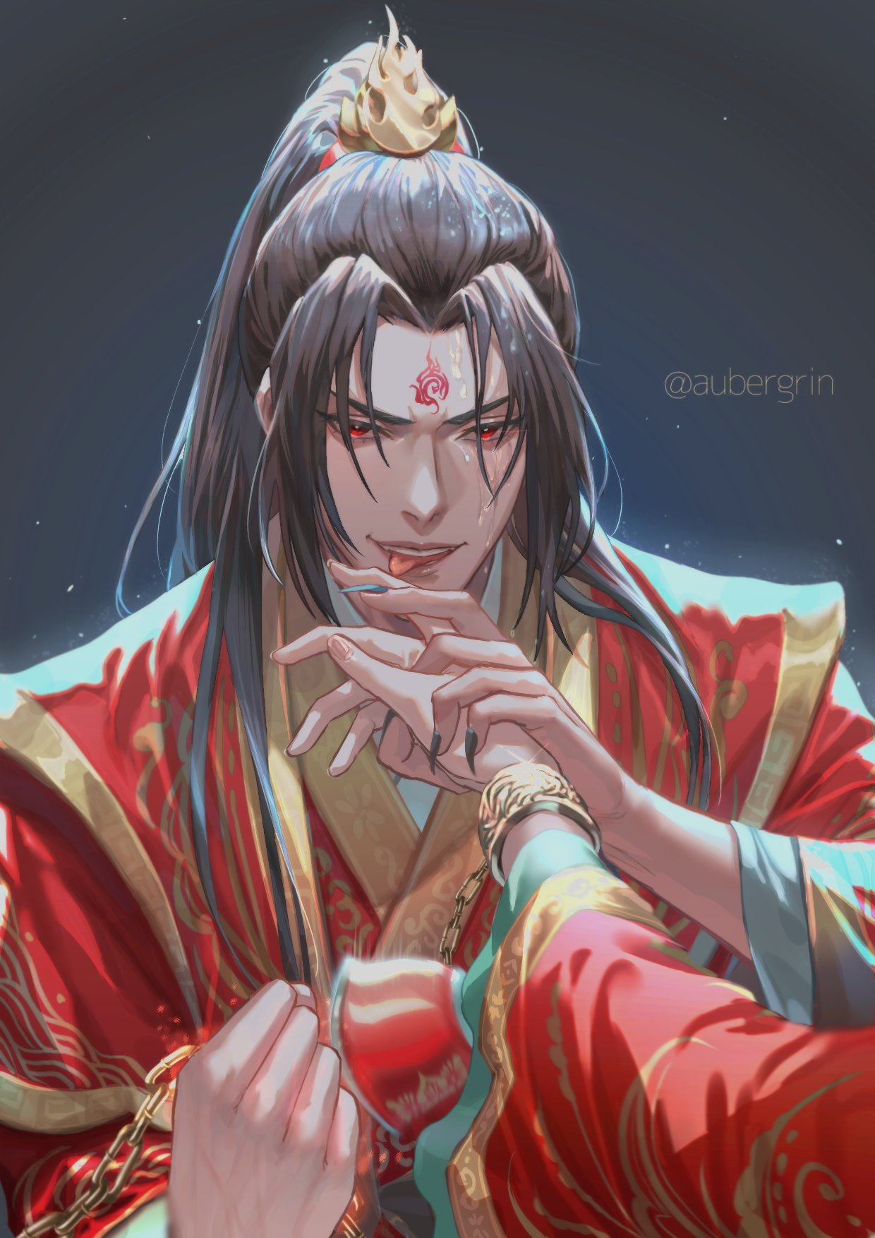 1boy, aubergrin, black_hair, black_nails, chinese_clothes, hanfu, highres, long_hair, looking_at_viewer, luo_binghe, male_focus, pov, pov_hands, red_eyes, ren_zhafan_paijizu_xitong