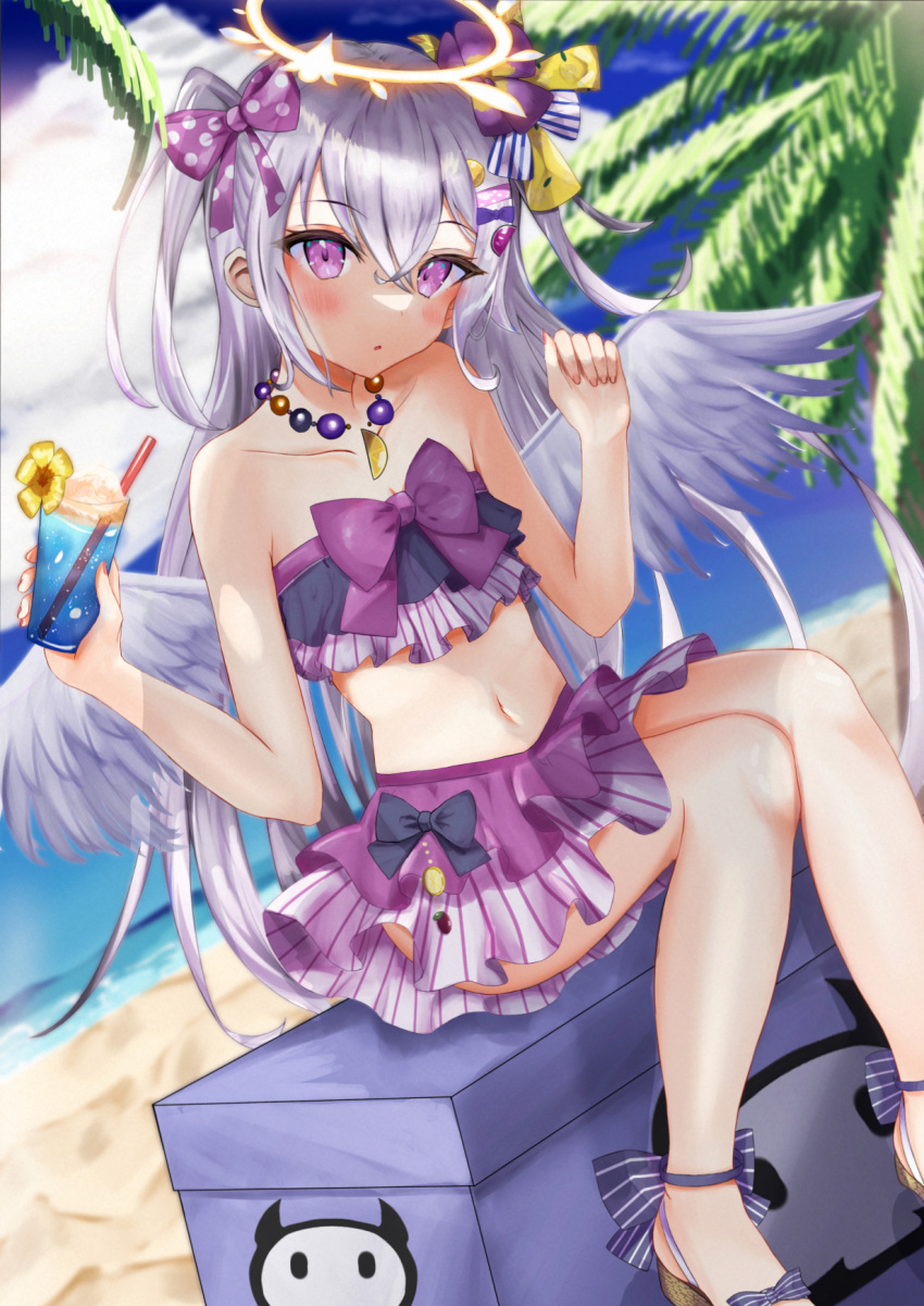 1girl, artist_request, azusa_(blue_archive), azusa_(swimsuit)_(blue_archive), bangs, beach, bead_necklace, beads