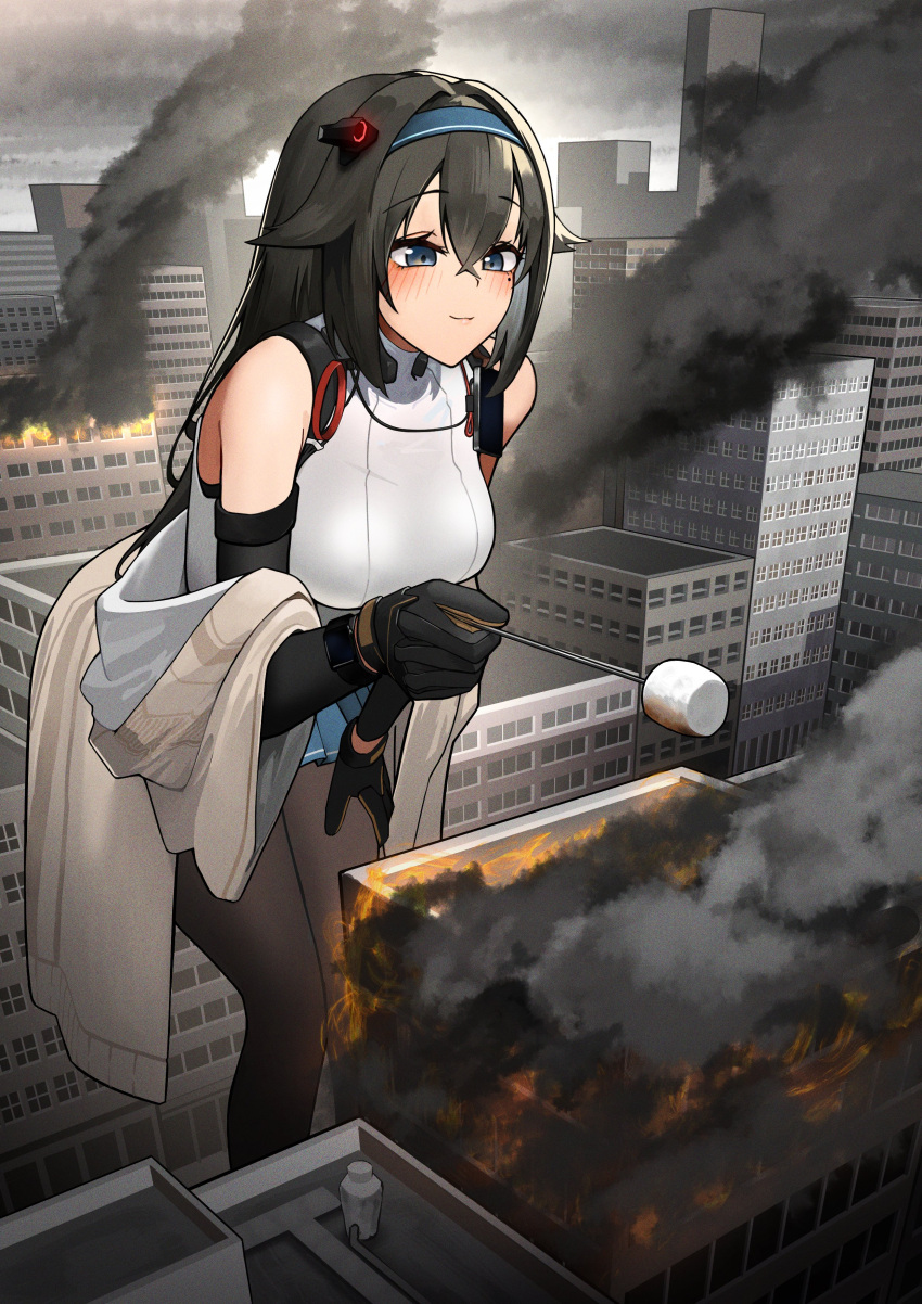 1girl, absurdres, bangs, black_gloves, black_hair, blue_eyes, blue_hairband, blush