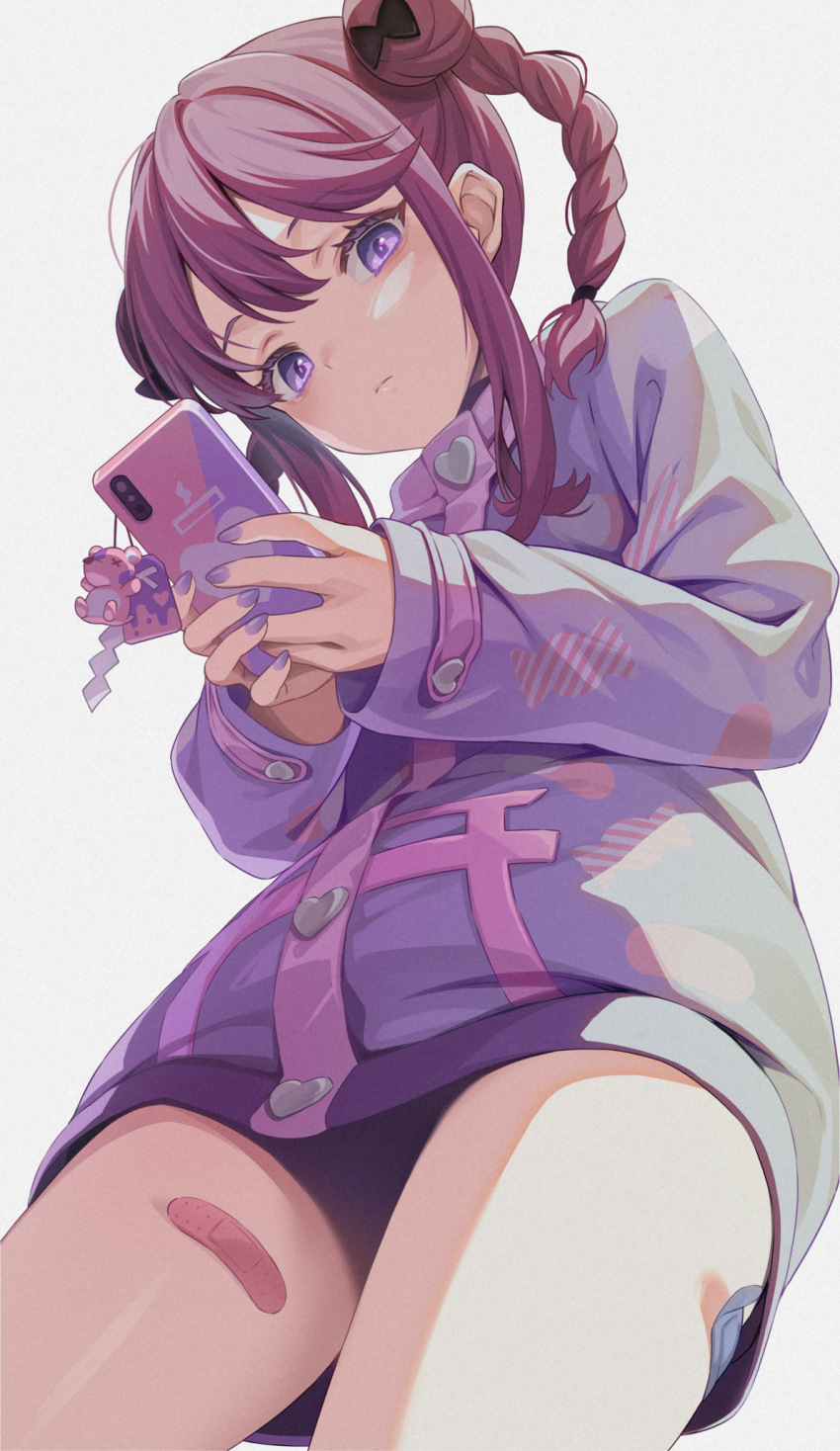 1girl, bandages, bow, braid, cellphone, cellphone_charm, charm_(object), choker, closed_mouth, denonbu, double_bun, hair_bow, hair_bun, highres, hood, hoodie, inubousaki_shian, nail_polish, phone, ponchan_ponc, purple_hair, simple_background, smartphone, solo, twin_braids, violet_eyes