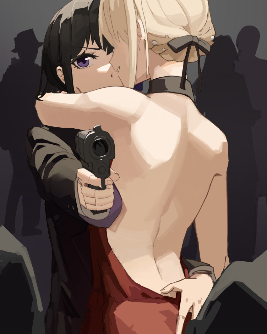 2girls, absurdres, aiming, aiming_at_viewer, bare_back, black_collar, black_jacket, black_ribbon, black_suit, blonde_hair, collar, dress, eden_(shengaoneng), formal, gun, hair_ribbon, handgun, highres, holding, holding_gun, holding_weapon, inoue_takina, jacket, looking_at_viewer, lycoris_recoil, multiple_girls, nishikigi_chisato, official_alternate_costume, parted_lips, red_dress, ribbon, short_hair, smile, suit, weapon, yuri