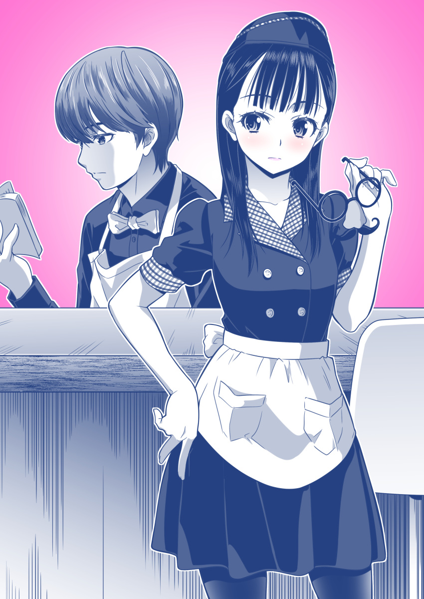 1boy, 1girl, absurdres, apron, avataro_sentai_donbrothers, bangs, book, bow