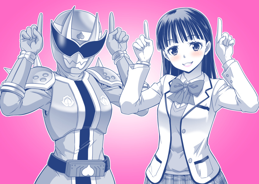 2girls, absurdres, avataro_sentai_donbrothers, bangs, bow, bowtie, bracelet, dual_persona
