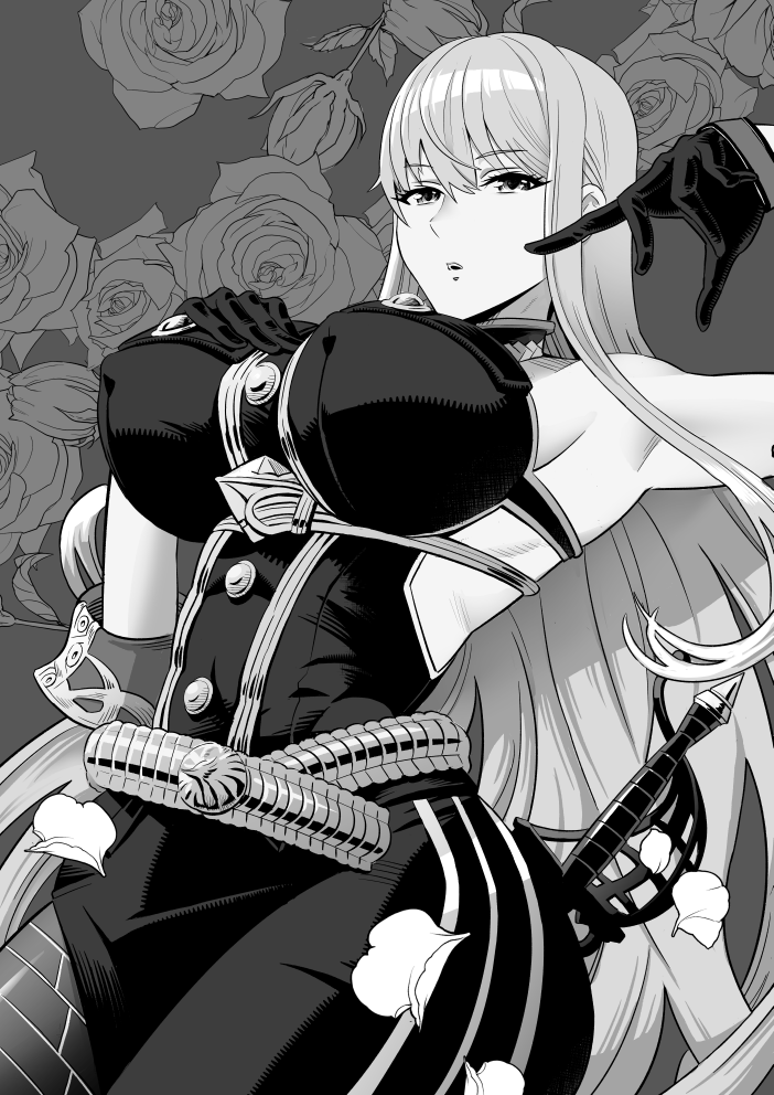 1girl, animenokuni, armpits, backless_outfit, bangs, black_gloves, breasts, eyebrows_hidden_by_hair, floral_background, flower, gloves, greyscale, hair_between_eyes, hand_on_own_chest, large_breasts, long_hair, looking_at_viewer, monochrome, petals, rose, rose_background, saber_(weapon), selvaria_bles, senjou_no_valkyria_(series), senjou_no_valkyria_1, sheath, sheathed, simple_background, sleeve_cuffs, sleeveless, solo, sword, upper_body, weapon