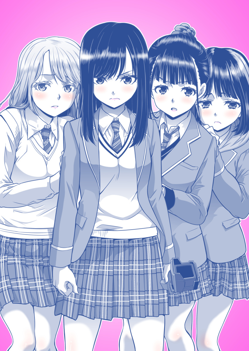 4girls, absurdres, bangs, character_request, frown, greyscale, half_updo, high_ponytail, highres, igarashi_sakura, jacket, kamen_rider, kamen_rider_revice, kaneko_naoya, miniskirt, monochrome, multiple_girls, necktie, pink_background, plaid, plaid_necktie, plaid_skirt, pleated_skirt, scared, school_uniform, serious, skirt, sweater_vest