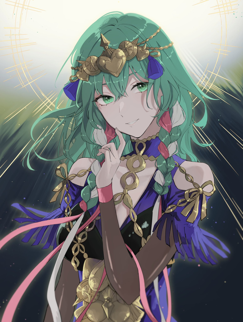 1girl, blue_dress, braid, breasts, byleth_(fire_emblem), byleth_eisner_(female), circlet, clothing_cutout, commentary, cosplay, dress, fire_emblem, fire_emblem:_three_houses, fire_emblem_heroes, gold_trim, green_eyes, green_hair, highres, long_hair, looking_at_viewer, medium_breasts, multicolored_hair, official_alternate_costume, pana_(87), parted_lips, pink_hair, pink_ribbon, ribbon, shoulder_cutout, side_braids, smile, solo, sothis_(fire_emblem), sothis_(fire_emblem)_(cosplay), twin_braids, upper_body, white_hair, white_ribbon