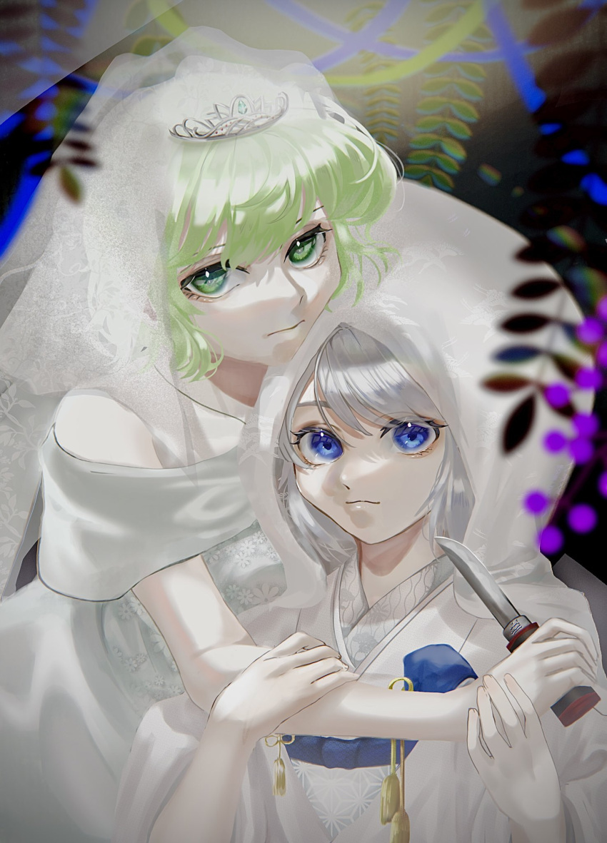 2girls, blue_eyes, bridal_veil, diadem, dress, fern, green_eyes, green_hair