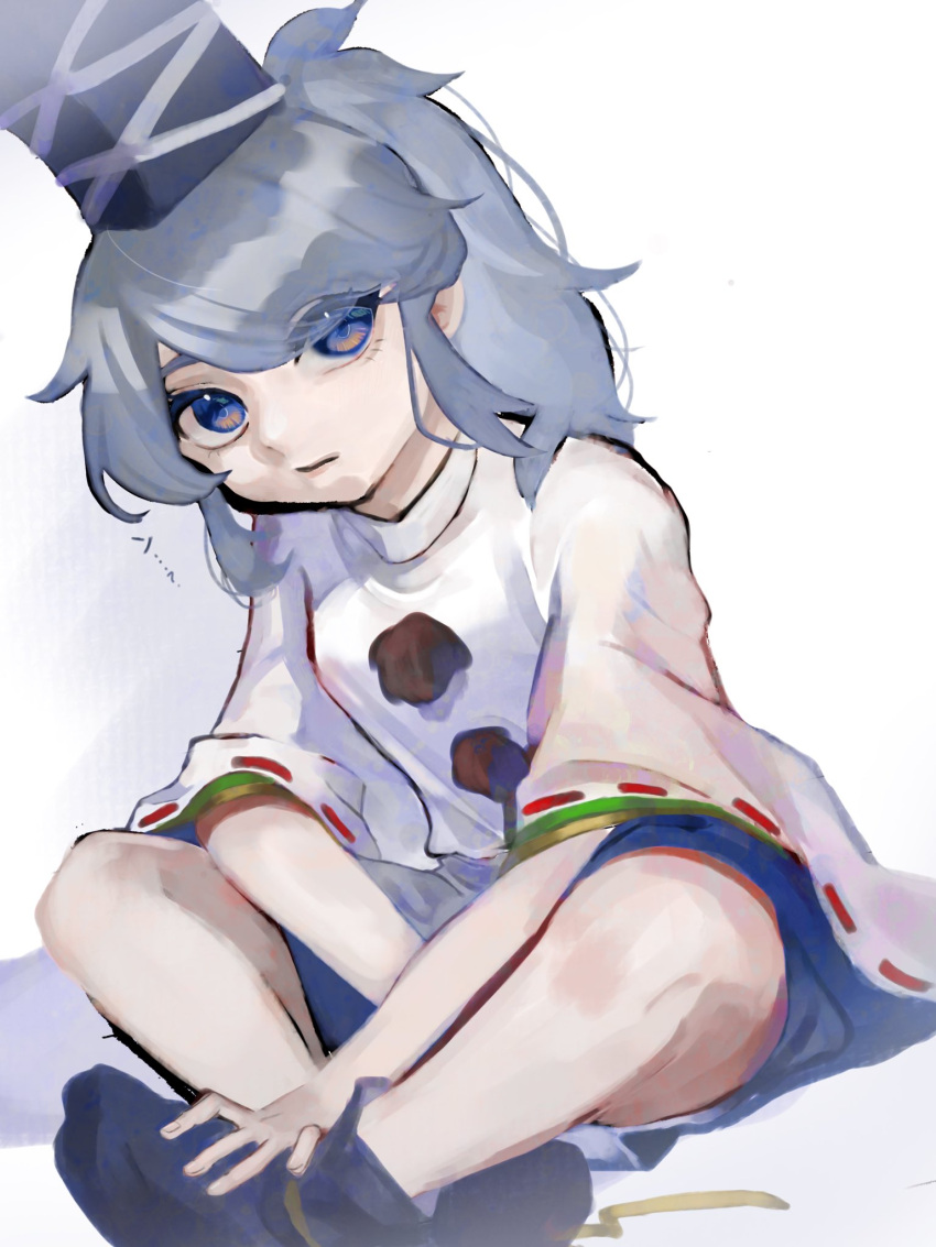 1girl, bare_legs, blue_eyes, crossed_ankles, eyebrows_hidden_by_hair, grey_hair, hand_on_own_foot, hat