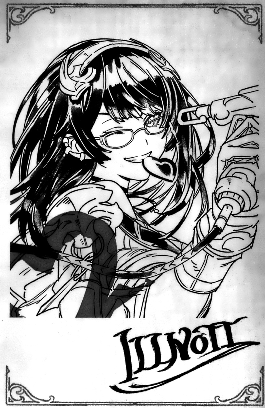 absurdres, black_hair, character_name, chocolate, close-up, earrings, framed, glasses