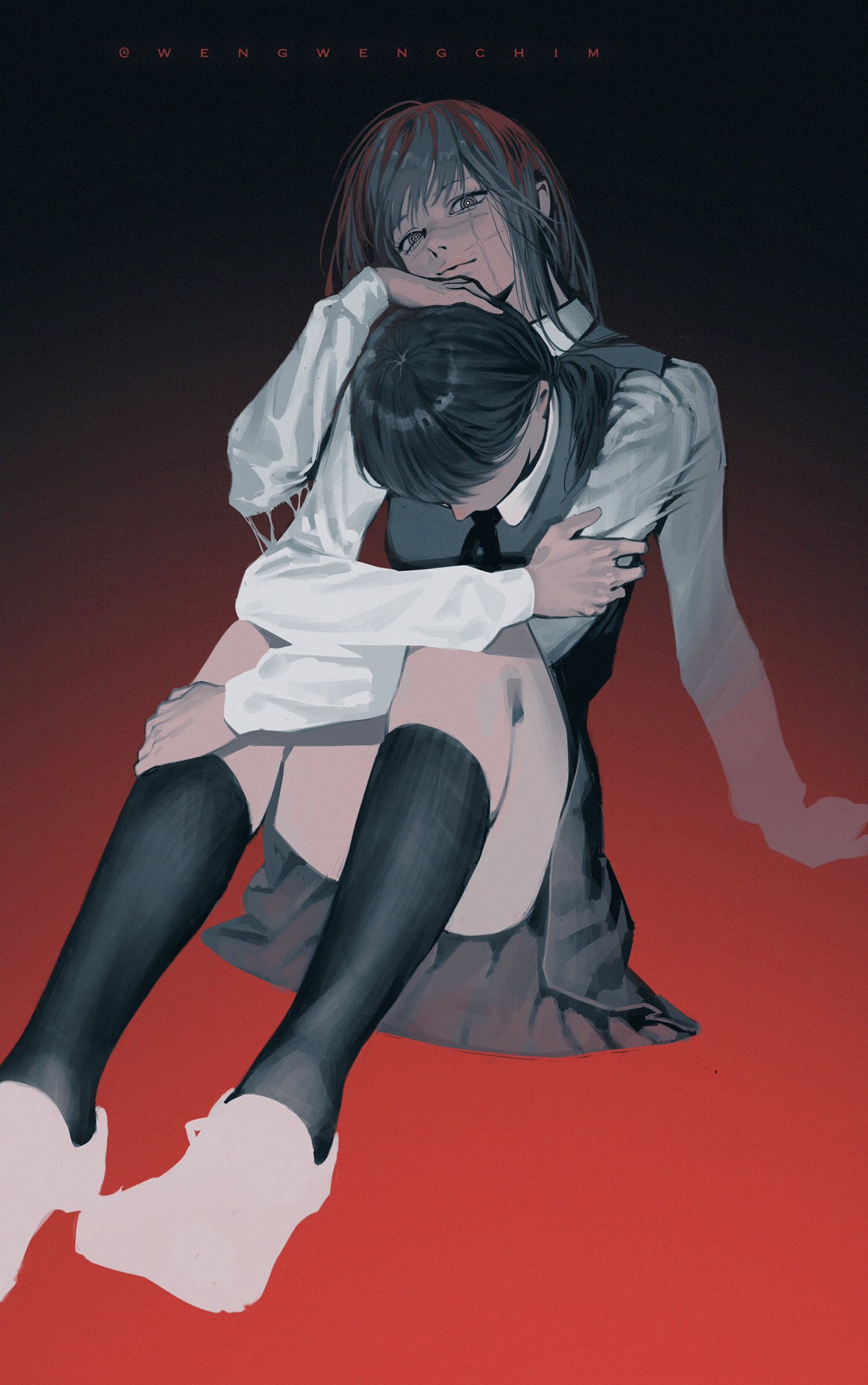 2girls, bangs, black_hair, chainsaw_man, collared_shirt, dress, highres, long_hair