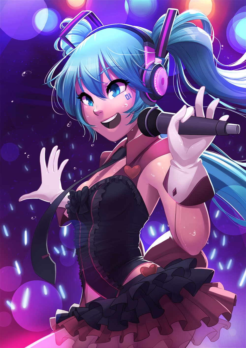 1girl, alternate_costume, aqua_eyes, aqua_hair, audience, black_necktie, bow, breasts