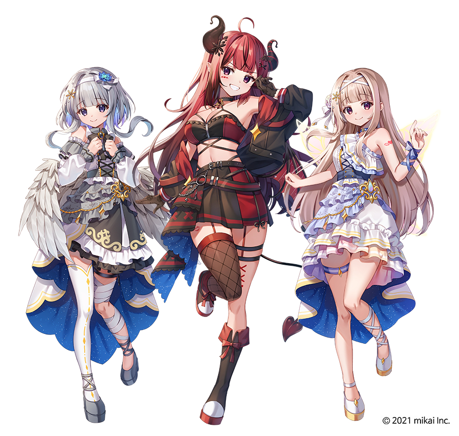 3girls, ayamo_nono, black_footwear, blonde_hair, chyoling, copyright, demon, demon_girl