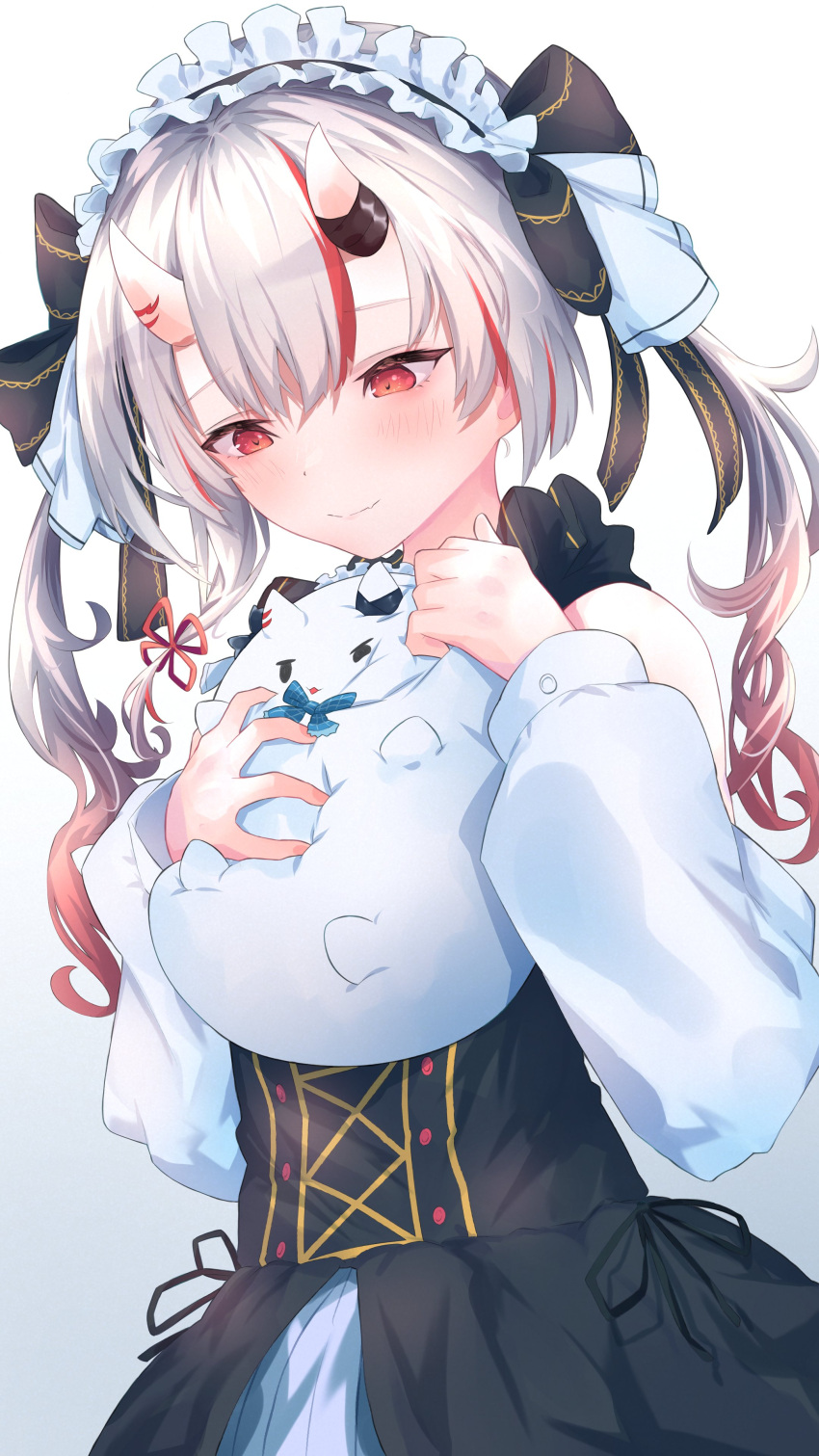 1girl, absurdres, aoi_eno, bangs, black_dress, black_ribbon, blush, closed_mouth