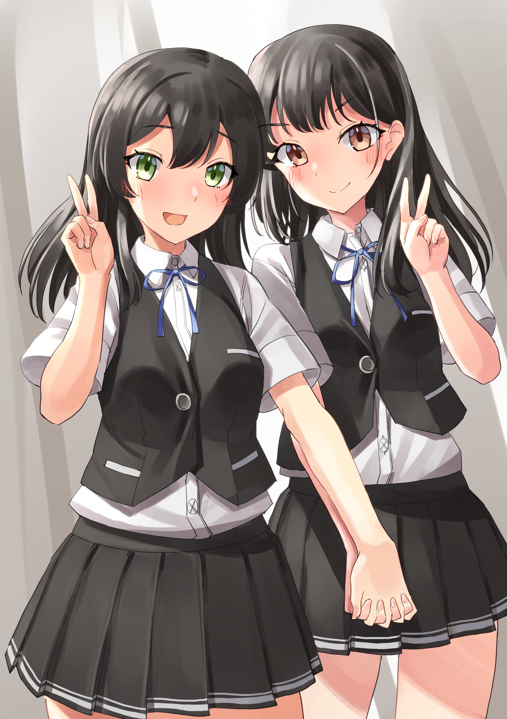 2girls, black_hair, black_skirt, black_vest, blush, brown_eyes, buttons, closed_mouth