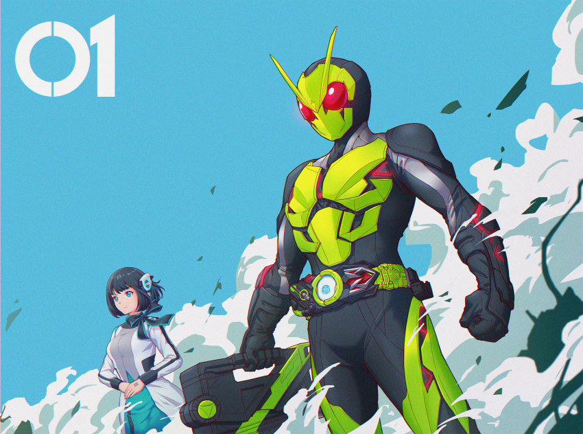 1boy, 1girl, antennae, attache_calibur, bangs, black_bodysuit, black_hair, black_ribbon, blue_eyes, bodysuit, bug, clear_sky, clenched_hand, commentary, cropped_legs, debris, driver_(kamen_rider), dust_cloud, grasshopper, highres, hime_cut, holding, humagear_headphones, is_(kamen_rider_01), kamen_rider, kamen_rider_01_(series), kamen_rider_zero-one, peihao_wang, red_eyes, ribbon, rider_belt, robot_ears, short_hair, sky, standing, tokusatsu, zero_one_driver