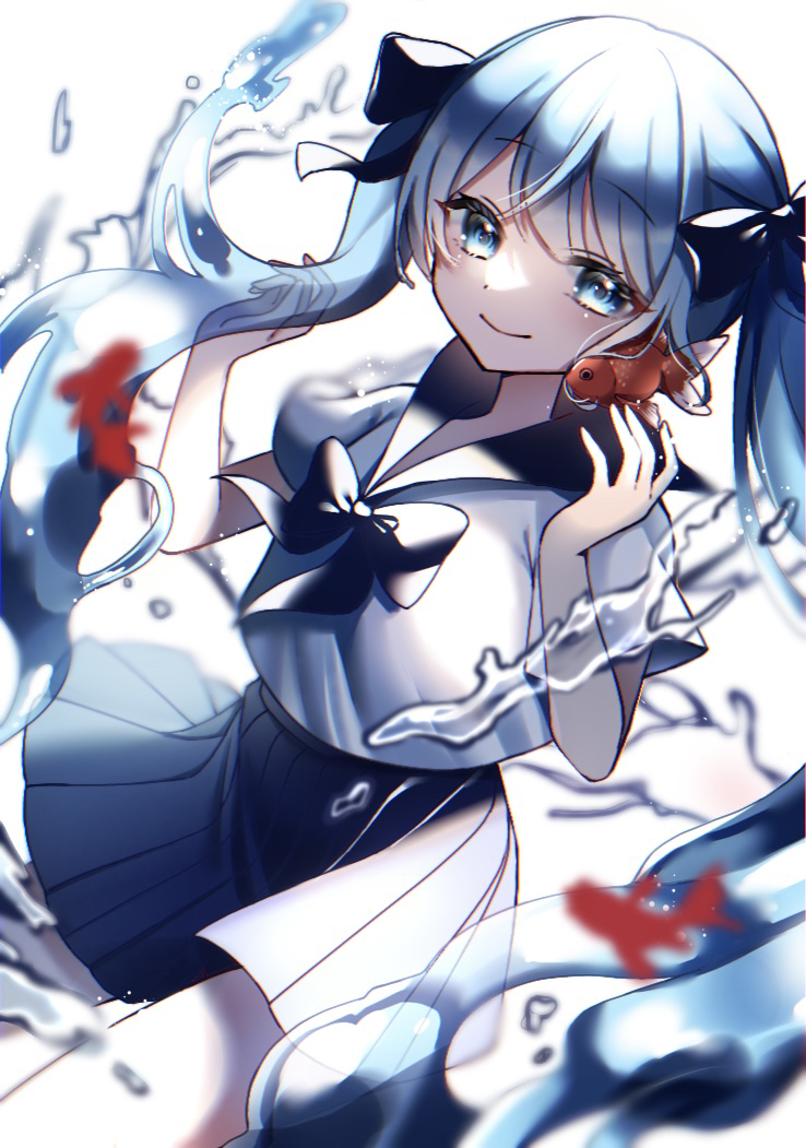 1girl, blue_eyes, blue_hair, bottle_miku, closed_mouth, commentary, fish, goldfish