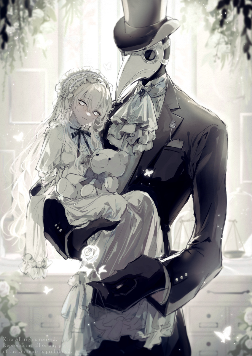 1boy, 1girl, 81kaia, amputee, bird_mask, dress, flower, formal