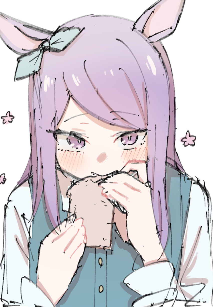animal_ears, blue_bow, bow, bread, eating, food, highres, horse_ears, horse_girl, long_hair, looking_at_viewer, luca_hello_0520, mejiro_mcqueen_(umamusume), purple_hair, simple_background, sketch, umamusume, violet_eyes, white_background
