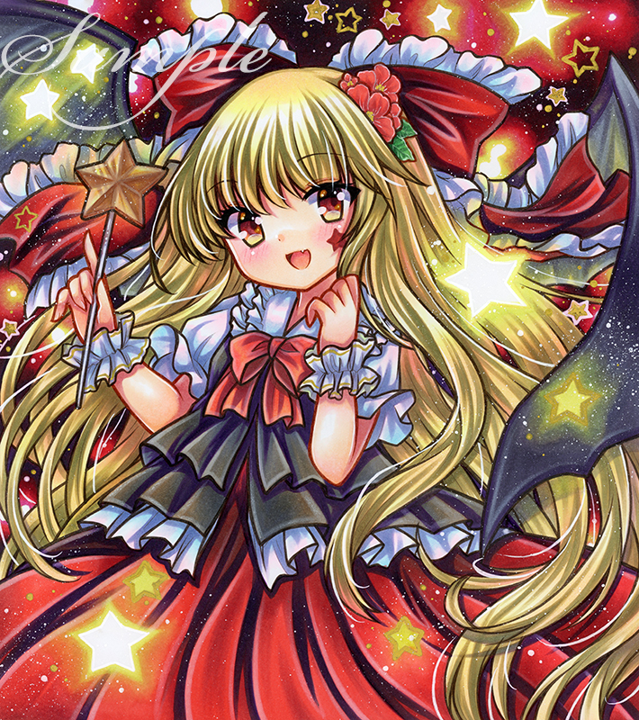 1girl, :d, bangs, bat_wings, black_vest, blonde_hair, blush, bow