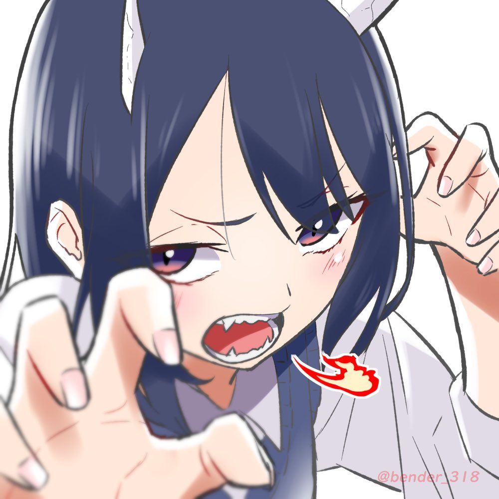 1girl, aoki_ruri, blue_hair, claws, fangs, fire, gradient_eyes, hair_between_eyes