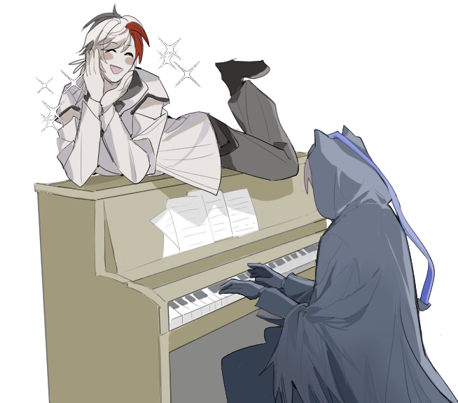 2boys, animal_ears, arknights, bishounen, black_gloves, blush, cat_boy, cat_ears