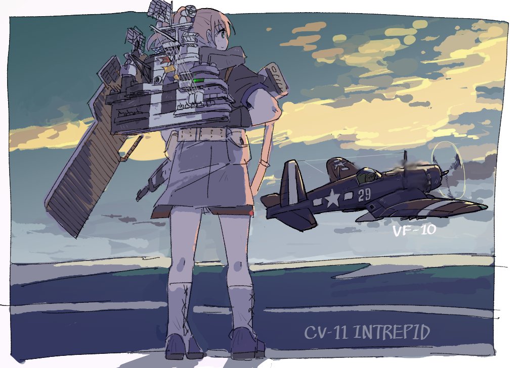 1girl, aircraft, aircraft_request, airplane, black_shirt, blue_eyes, blue_sky, brown_hair