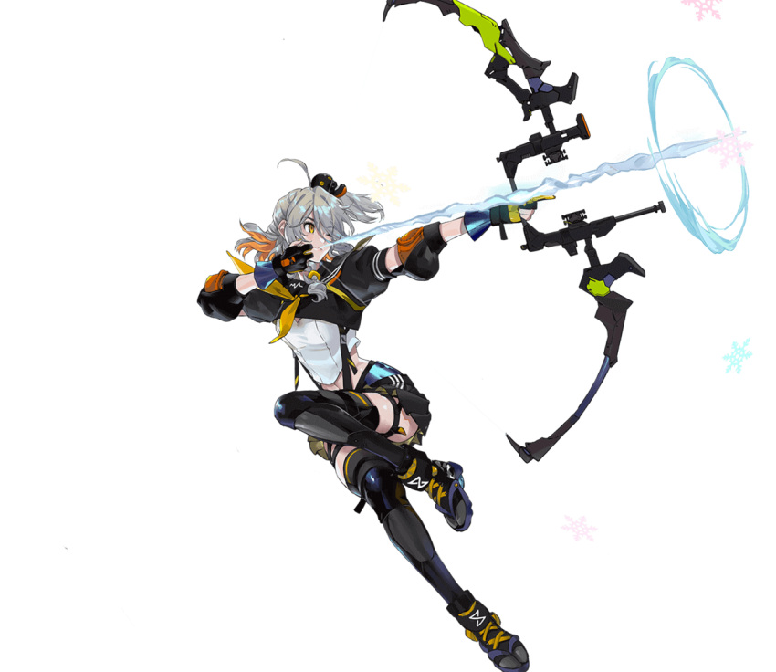 1girl, archery, artist_request, bow_(weapon), colored_inner_hair, grey_hair, half_updo, multicolored_hair, official_art, orange_eyes, orange_hair, ponytail, short_ponytail, short_sleeves, snowflakes, solo, thigh-highs, tower_of_fantasy, tsubasa_(tower_of_fantasy), weapon