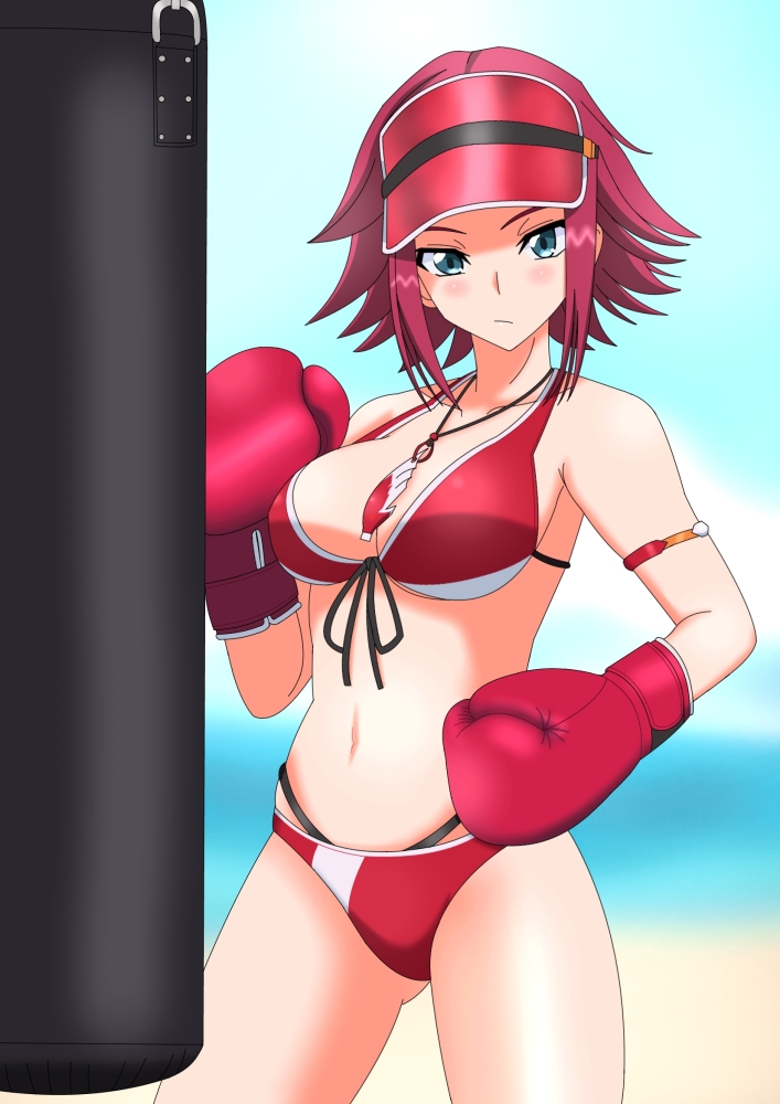 1girl, bangs, beach, bikini, blue_eyes, blue_sky, blurry, blurry_background, blush, boxing_gloves, breasts, closed_mouth, code_geass, code_geass:_genesic_re;code, commentary, cowboy_shot, day, depth_of_field, front-tie_bikini, front-tie_top, frown, halterneck, hiromon, horizon, jewelry, kallen_stadtfeld, large_breasts, looking_at_viewer, medium_breasts, multi-strapped_bikini, navel, necklace, outdoors, punching_bag, red_bikini, red_headwear, redhead, short_hair, sky, solo, standing, swimsuit, tomboy, visor_cap