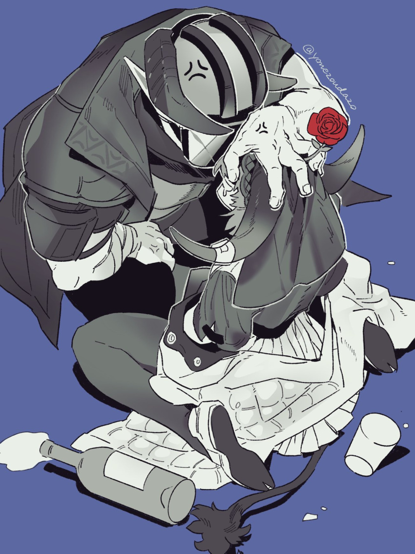 1boy, 1girl, anger_vein, arknights, blue_background, bottle, coat, cow_girl