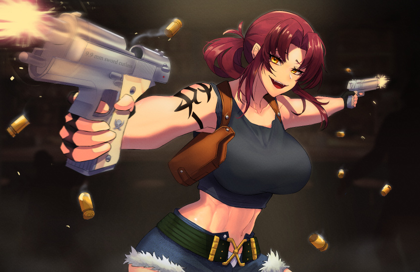 1girl, bare_shoulders, belt, black_gloves, black_lagoon, bullet, buttslayer, collarbone, denim, denim_shorts, dual_wielding, eyelashes, fang, fingerless_gloves, firing, fur-trimmed_shorts, fur_trim, gloves, green_belt, gun, handgun, highres, holding, holding_gun, holding_weapon, holster, long_hair, muzzle_flash, navel, open_mouth, redhead, revy_(black_lagoon), shorts, shoulder_tattoo, smile, smoke, solo, tattoo, teeth, tongue, upper_teeth, weapon, yellow_eyes