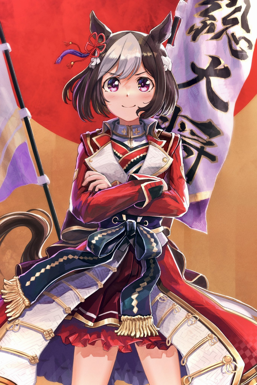 1girl, alternate_costume, animal_ears, armor, blush, commentary_request, crossed_arms, flag, hair_ornament, highres, horse_ears, horse_girl, horse_tail, japanese_armor, looking_at_viewer, medium_hair, ponpochi, simple_background, solo, special_week_(supreme_commander_of_the_rising_sun)_(umamusume), special_week_(umamusume), tail, umamusume, violet_eyes