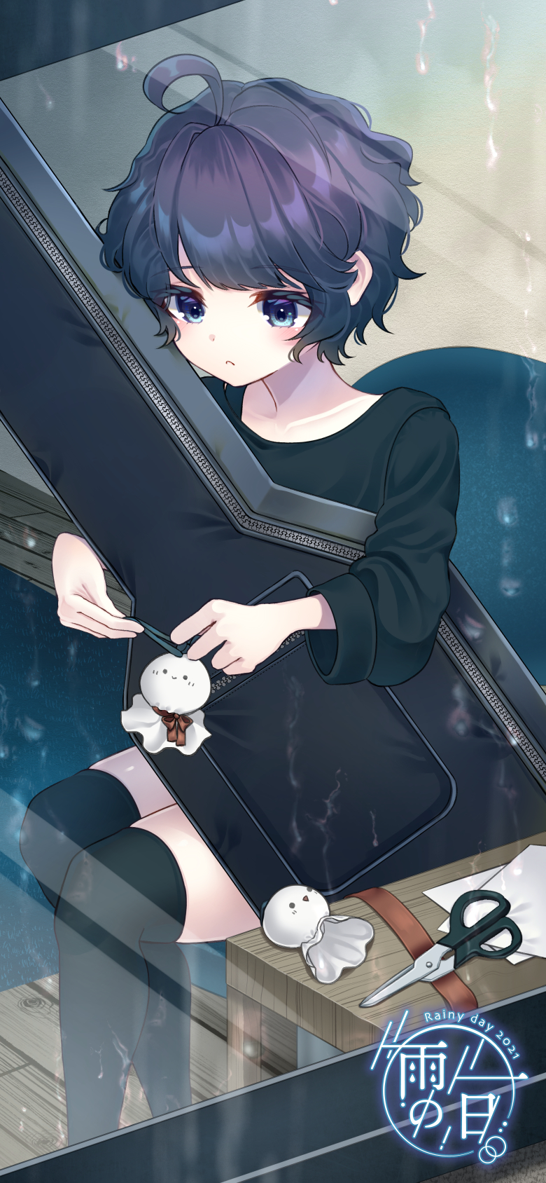 1girl, ahoge, bangs, bench, black_hair, blue_eyes, blush, frown, guitar, guitar_case, highres, holding, holding_instrument, instrument, instrument_case, long_sleeves, looking_down, nanahi_tsubaki, original, paper, rain, scissors, short_hair, sitting, solo, teruterubouzu, thigh-highs, through_window, water_drop