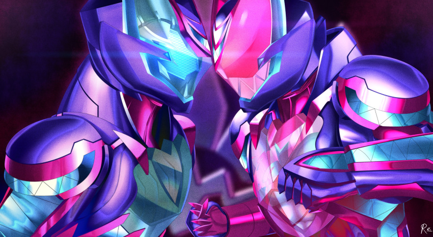 2boys, absurdres, blue_armor, clash, clenched_hands, demon, demon_boy, english_commentary