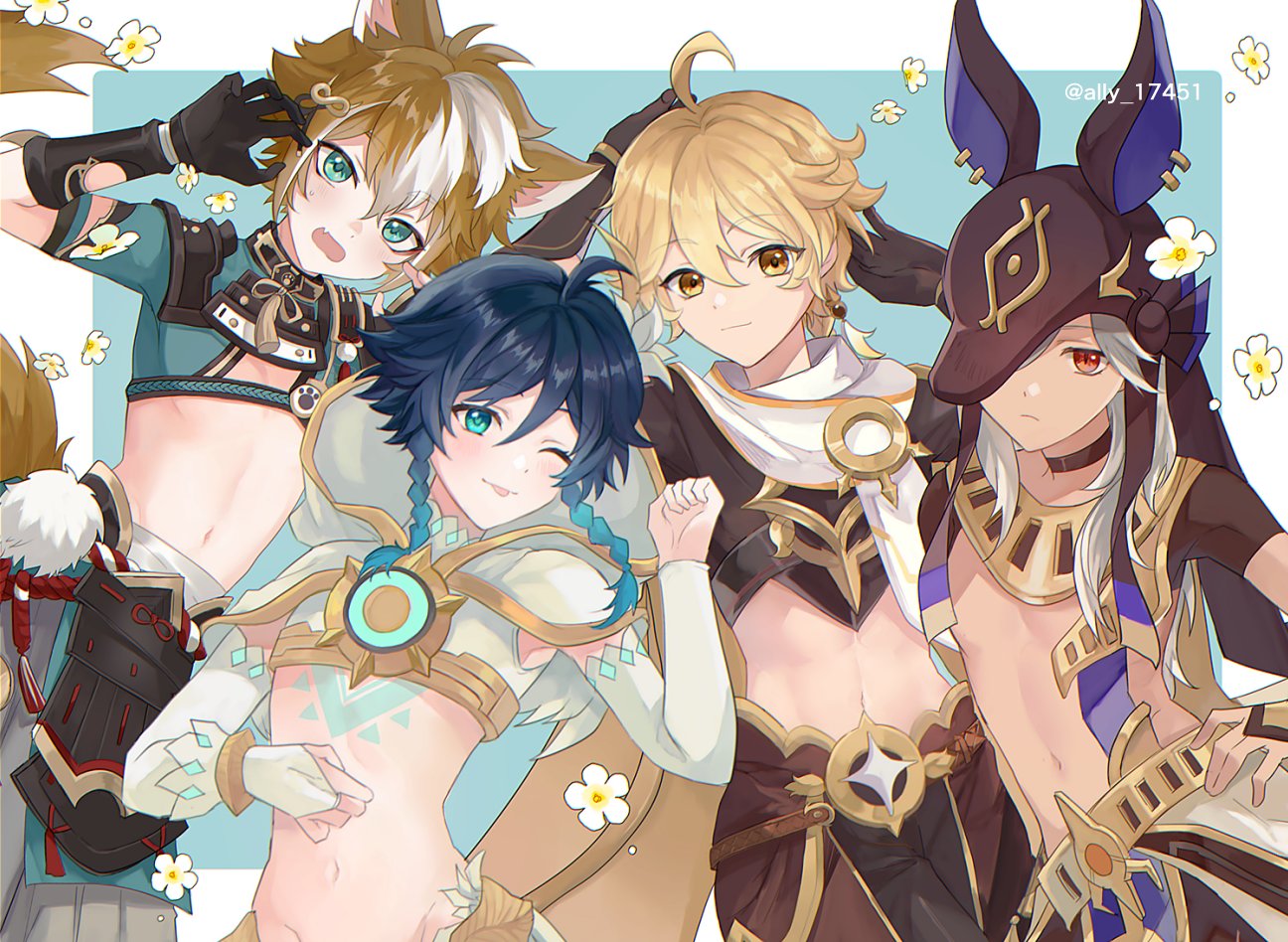 4boys, aether_(genshin_impact), androgynous, animal_ears, animal_hat, animal_hood, antenna_hair, arabian_clothes