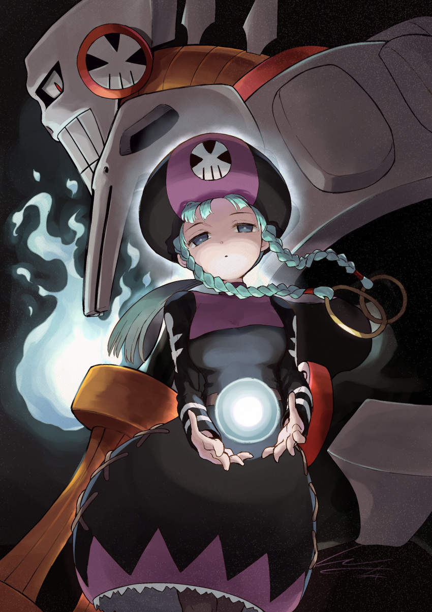 1girl, absurdres, aqua_hair, bangs, black_dress, blunt_bangs, braid, breasts