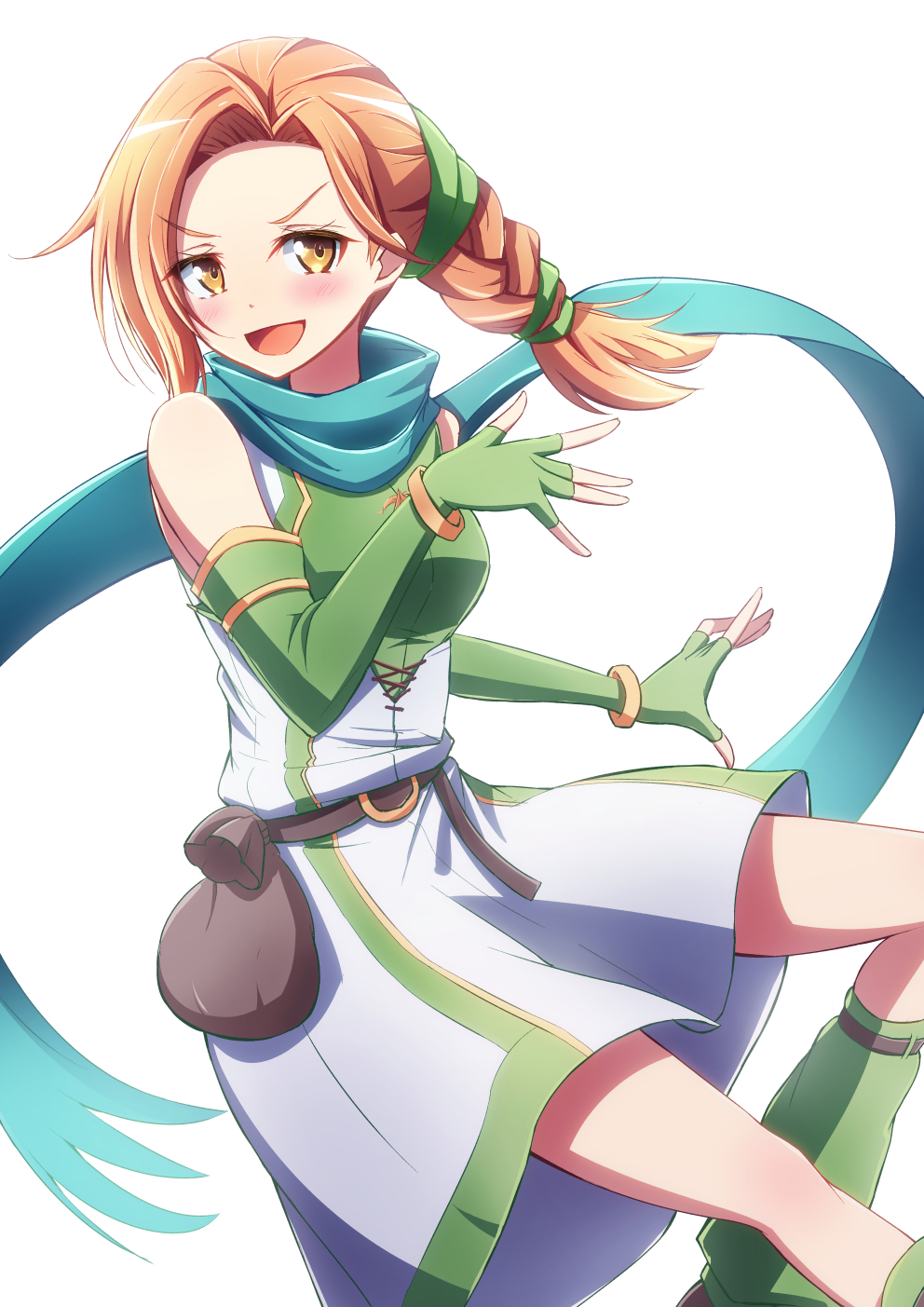 1girl, :d, airborne, bangs, bare_shoulders, belt, belt_buckle, blue_scarf